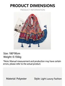 Detailed view of bohemian floral print scarf with tassels and 180x90cm size chart