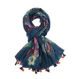 Bohemian paisley long tassel shawl in navy blue and orange for beach sunscreen