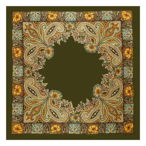 Pañuelo cuadrado de satén verde oliva con estampado de cachemira y flores vintage