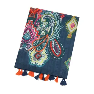 Bohemian paisley print long scarf with handmade tassels in deep blue and orange