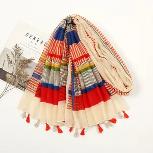 Women Vintage Geometric Stripe Sunscreen Shawl Scarf Lightweight Voile Bohemian Beach Wrap With Tassel Decor For Travel Party