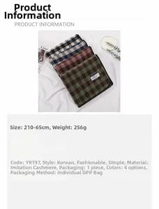 Detail of plaid scarf texture showing fringe edge and 210x65cm size specifications