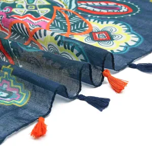 Bohemian paisley print scarf in dark blue with colorful tassels and soft cotton texture