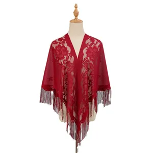 Scialle in pizzo floreale rosso scuro con lunghe frange per abiti da sera eleganti