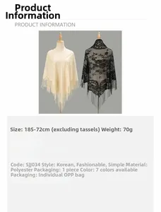 Lace tassel shawl detail showing 185x72cm size in cream and black polyester fabric