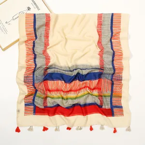 Lightweight cotton linen shawl with colorful geometric stripes and tassel fringe