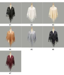 Lace tassel shawl display showing seven elegant colors and floral crochet details