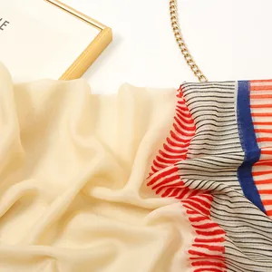 Lightweight vintage striped beach shawl with red waves and elegant linen texture