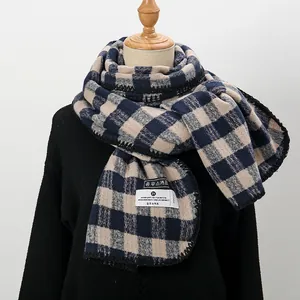 Classic blue and beige plaid thick scarf with woven label and premium soft texture
