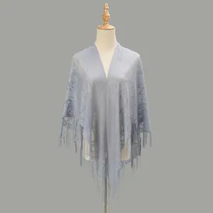 Elegant hollow floral lace triangle shawl with fringe tassels in light blue gray