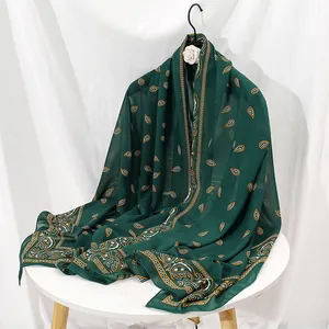 Élégante écharpe longue vert foncé à motif paisley, châle de plage léger en mousseline