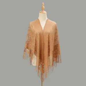 Elegant camel lace shawl with floral cutouts and long fringe tassels for women