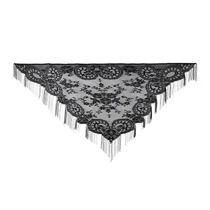 Elegant black lace triangle shawl with floral patterns and stylish long fringes