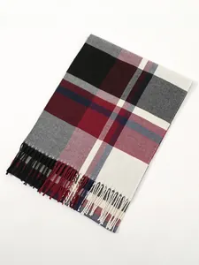 Dettaglio sciarpa scozzese rossa e blu navy con texture morbida e nappe a frangia