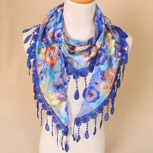 Bohemian Women Floral Lace Triangle Scarf Hollow Out Tassel Shawl Breathable Sunshade Wrap For Travel Daily Fashion Neck Scarf