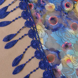 Bohemian floral lace triangle scarf with blue crochet fringe and breathable mesh fabric