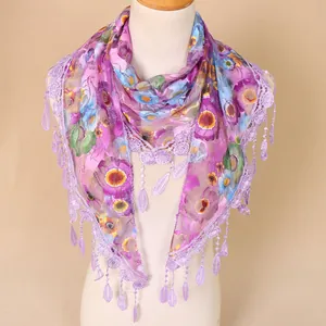Floral lace triangle scarf with purple mesh and elegant leaf tassels for women