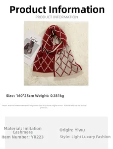 Detail view of red and white plaid knit scarf texture with size and weight info