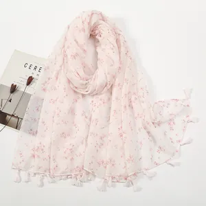 Women Floral Print Scarf With Tassels Lightweight Polyester Voile Shawl Wrap For Sun Protection And Daily Casual Styling