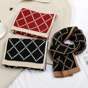 Women Winter Argyle Knitted Scarf Thick Warm Acrylic Cotton Blend Grid Shawl Soft Vintage British Style Muffler Wrap