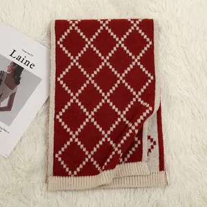 Classic red plaid knit winter scarf with thick warmth and vintage argyle pattern