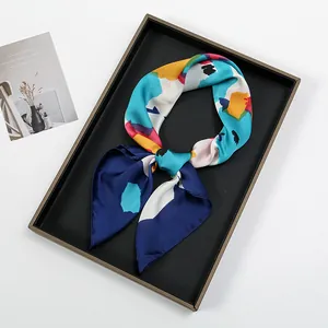 Modern abstract oil painting print square silk scarf with vibrant blue and yellow patterns