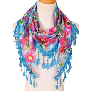 Floral lace triangular scarf with blue crochet fringe and tassels for women's autumn style