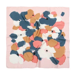 Pink satin square scarf with abstract oil painting print and hand-rolled edges