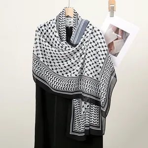 Elegant plaid print chiffon scarf for women with black and white geometric leaf pattern
