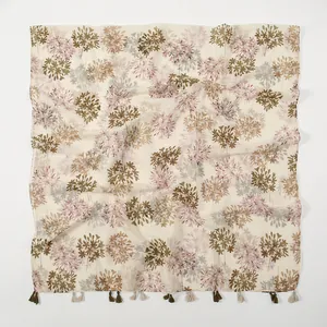 Elegant off-white linen-touch scarf with floral prints and fringe tassels for women