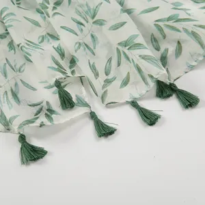 Women cotton linen scarf with green leaf print and handmade dark green fringe tassels