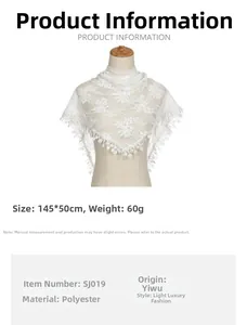 Detailed sizing chart and material specs for the floral lace triangle scarf in polyester