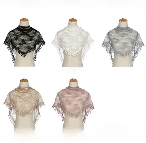 Floral lace triangle scarf color options including black, white, grey, and apricot tones
