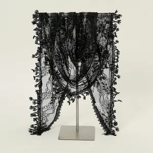 Black floral lace triangle scarf with delicate mesh embroidery and fringe tassels
