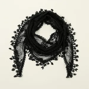 Elegant black lace triangular scarf with floral mesh patterns and fringe tassels for women