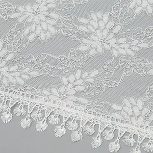 Elegant white floral lace triangle scarf with breathable mesh and fringe tassels for women