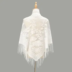 Elegante scialle di pizzo rosa bianco con frange per matrimoni e occasioni formali