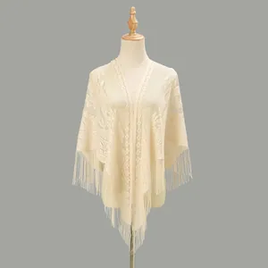Sciarpa a Triangolo in Pizzo Traforato da Donna Con Nappine Elegante Velo da Sposa Floreale in Poliestere Protezione Solare per Festa