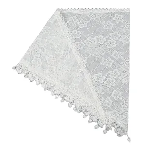 Elegant white floral lace triangle scarf with fringe tassels for women spring summer fashion