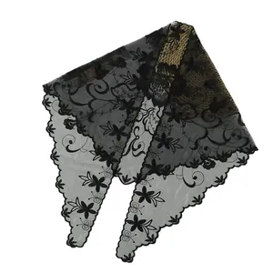 Elegant black lace triangle shawl with floral embroidery and scalloped edges on white background