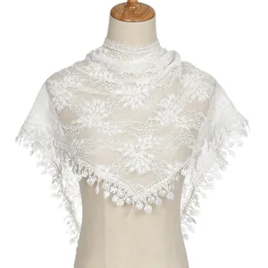 Elegant white floral lace triangle scarf with delicate tassel fringe for women