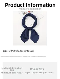 Detail view of navy blue 70x70cm faux silk square scarf with light sheen texture