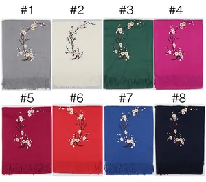 Detail view of winter cashmere feel scarves with plum blossom embroidery in 8 colors