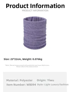 Detail showing purple knitted neck warmer dimensions 23x22cm and warm polyester material