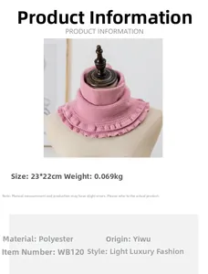 Detailed view of pink knitted neck warmer specifications, material, and wavy edge design