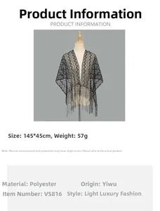 Detailed size chart for the black lace striped scarf shawl with 145x45cm dimensions