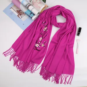 Elegant rose red pashmina scarf with white plum blossom embroidery and tassel details