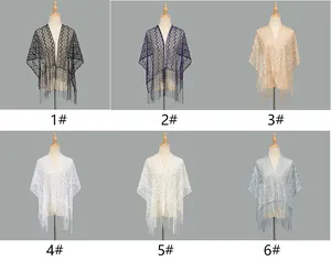 Collage of lace scarves in six colors featuring hollow patterns and delicate tassels