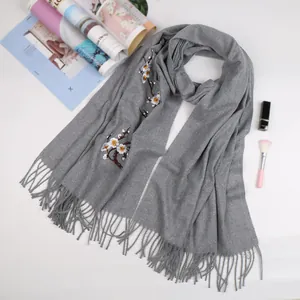 Gray cashmere-like scarf with white plum blossom embroidery and elegant fringe tassels