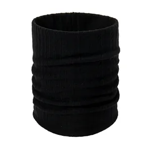 Close-up of black ribbed knit neck warmer showing detailed vertical weave texture